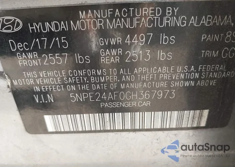 2016 Hyundai Sonata Se z USA, uszkodzony, nr VIN 5NPE24AF0GH367973